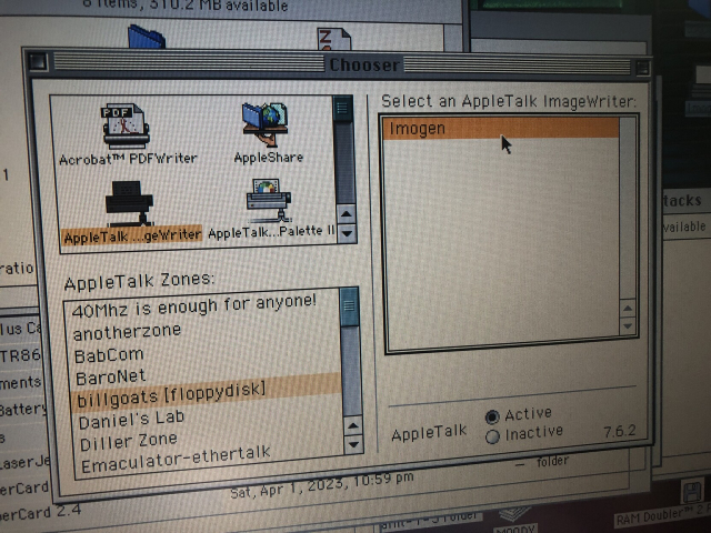 An old Mac Chooser window with several zones and an ImageWriter selected