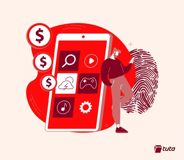 Illustration of a man standing against a cellphone. Behind the man to the left is a fingerprint. 