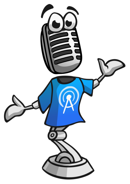 A graphic representation of an old-style metal microphone on a table standard. The microphone has eyes and eyebrows, and the stand has hands on both sides and a blue t-shirt with the AntennaPod logo.