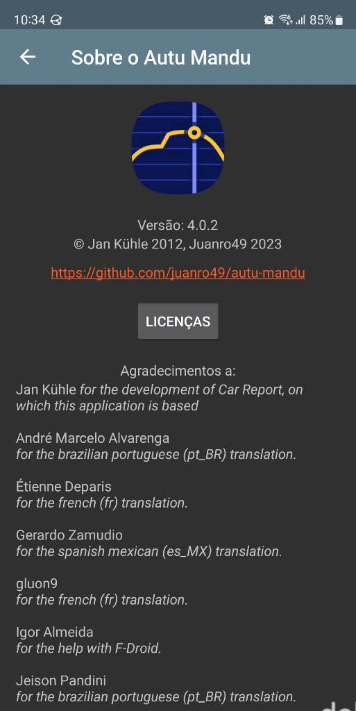 Captura de tela do aplicativo Autu Mandu em Android, com "Sobre o Autu Mandu", exibindo um ícone que mistura a silhueta de um carro na forma de um gráfico. Versão 4.0.2. Seguem-se dados de autoria e agradecimentos.