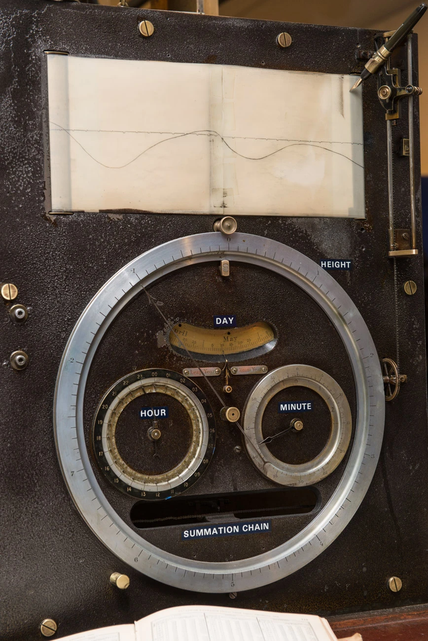 Contron panel of the machine, with a mechanical pen plotter and three mechanical dias showing day, hour and minute.