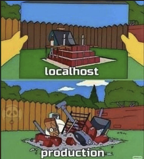 Two panels from Simpsons where Homer is holding a picture of a perfectly built firepit ("localhost") and the next panel is reality - a mess ("production").