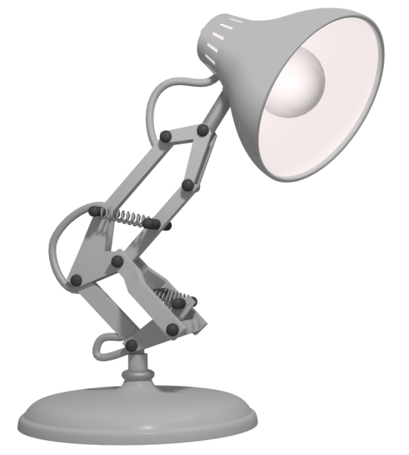 Image of Luxo Jr., a desk lamp featured in the Pixar animated short of the same name.
Luxo Jr. is a white desk lamp with multiple articulated sprung joints, a wide circular base and a matte white bulb in a horn-shaped shroud.

Source: https://animalia-life.club/qa/pictures/pixar-lamp-clipart-black