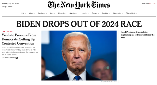 screenshot of the time home page: BIDEN DROPS OUT OF 2024 RACE