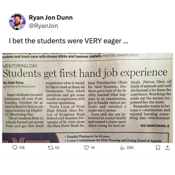 Screenshot of a post or tweet, but the actually interesting part is in the photo that is being shared. It is a news article excerpt. The headline is: Mentoring Day: Students get first hand job experience.