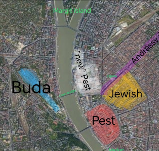 A city map with the centers of Buda and Pest highlighted.