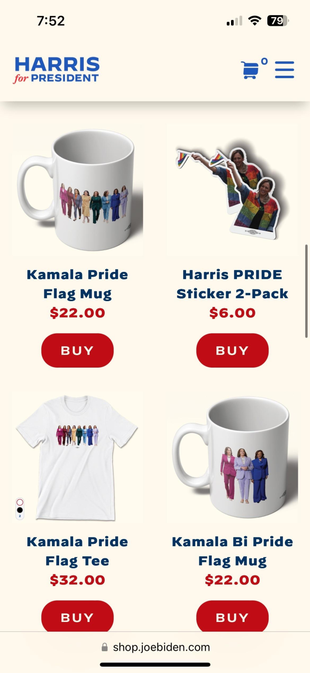 "Merchandise for 'Harris for President' campaign. Includes 'Kamala Pride Flag Mug' priced at $22, 'Harris PRIDE Sticker 2-Pack' at $6, 'Kamala Pride Flag Tee' at $32