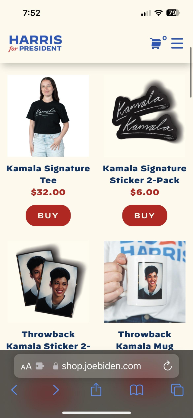 Screenshot of an online shop featuring "Harris for President" merchandise. Items include a Kamala Signature Tee, Kamala Signature Sticker 2-Pack, Throwback Kamala Sticker 2-Pack, and Throwback Kamala Mug, each with prices and