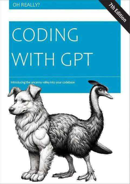 Fake O'Reilly-style book cover called Coding with GPT (7th Edition).  Subtitle: "Introducing the uncanny into your codebase".  The animal on the cover is a weird hybrid of a collie dog and an emu, joined together at the midsection.