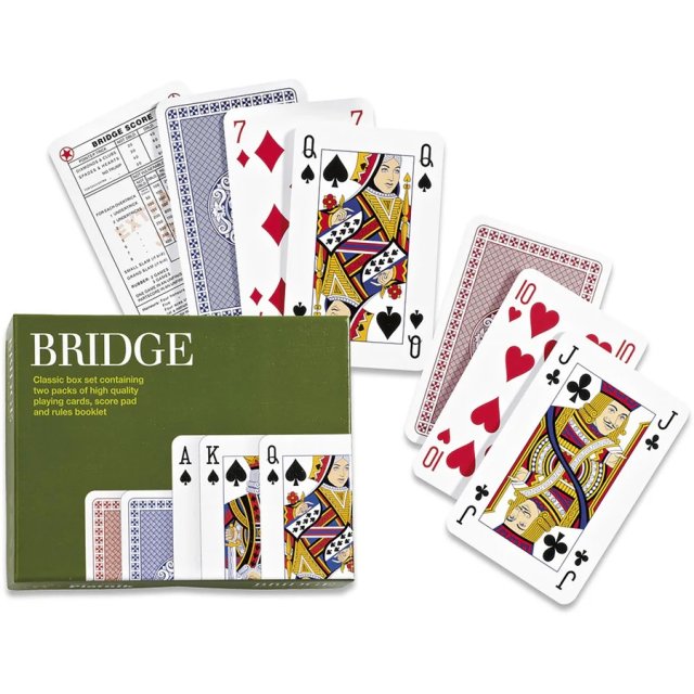 Example playing cards typically used in the game of bridge. They feature an value suit index in all four corners, unlike a regular pack with index in just two opposite corners.
https://gibsonsgames.co.uk/products/bridge