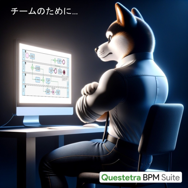 Scene: dimly lit office at night. A large anthopomorphized dog (specifically a shiba inu) sits facing a screen showing workflow software. Its arms are crossed, its expression pensive. The caption, in Japanese, says "for my team..."