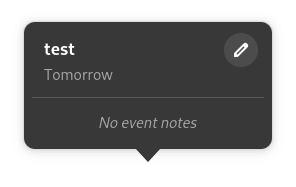 Event editor popover with "test" as the title with a placeholder description written "No event notes", with a 'edit' button.