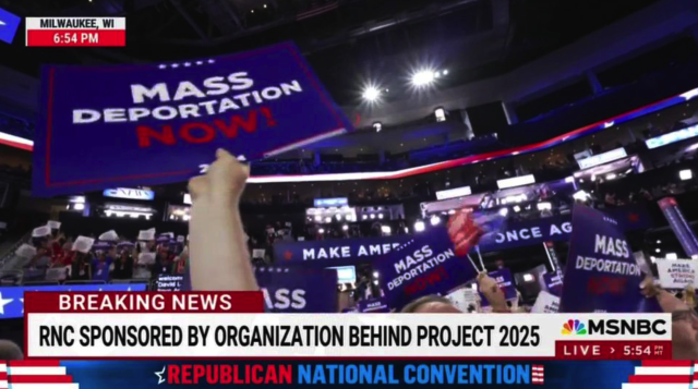 Still from TV showing professionally printed signs "Mass Deportation Now" waved at the RNC convention. Signs are dark blue with white and red text, very high quality color poster board, professionally done, they match all of the other signs at the convention. 
