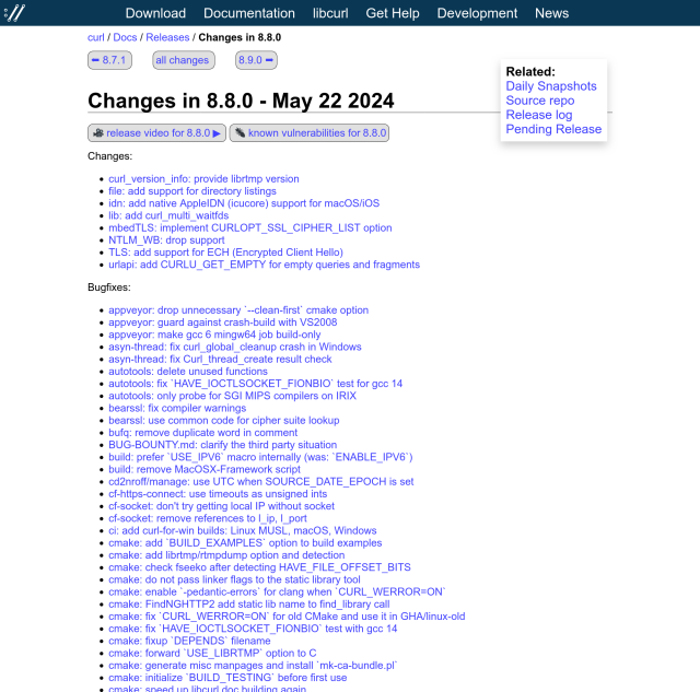changelog screenshot from the curl website