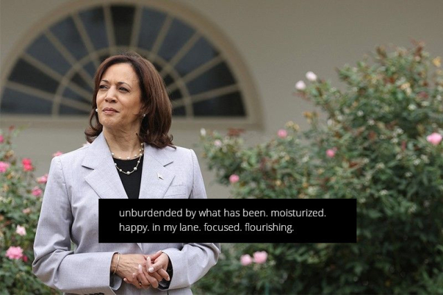 Photo of Kamala Harris in a lavender sport jacket, with a black shirt, pearl necklace and earrings. She's standing in front of rose bushes, and gazing off into the distance somewhere behind and to the left of the camera.

There is a sloppily added caption:

"unburdened by what has been. moisturized. happy. in my lane. focused. flourishing."