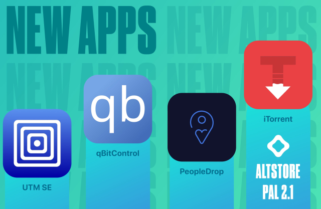 AltStore 2.1 promo image featuring app icons for 4 new apps: UTM SE, qBitControl, PeopleDrop, iTorrent