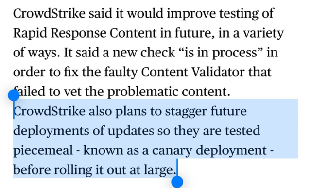 A screenshot of text quoting CrowdStrike as saying they "also plan to stagger future deployments of updates so they are tested piecemeal -- known as a canary deployment -- before rolling it out at large"