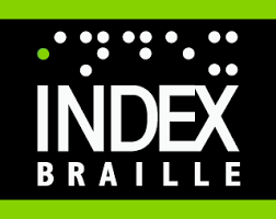 Index Braille company logo with the company name in white text with all caps on a black background. Just above the company name are braille characters that spell INDEX. The first dot in the first braille character is green. Above and below and adjacent to the black background are two horizontal green stripes. 