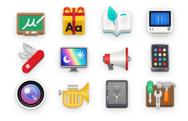 a bunch of GNOME app icons in various shapes, mimicking real life objects