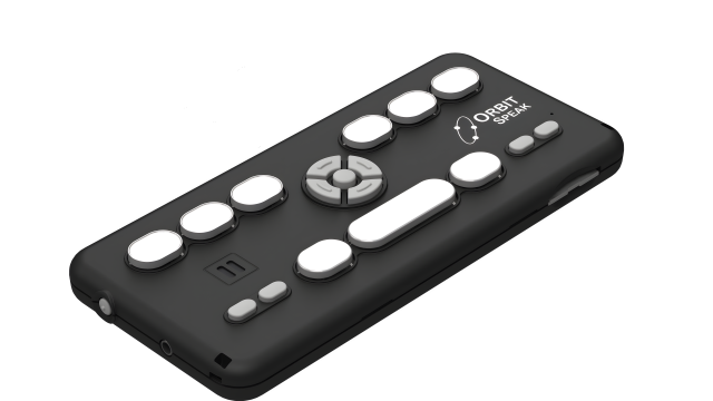 The image shows an Orbit Speak device. It is a compact, portable device designed for visually impaired users, featuring tactile buttons for Braille input and navigation, as well as various connectivity options.