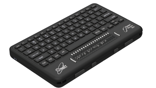 The image you provided shows the Orbit Reader Q20. This device is a refreshable Braille display and notetaker designed for visually impaired users. It features a full QWERTY keyboard, Braille cells for tactile reading, and various connectivity options.  It also has 4 thumb keys on side view.