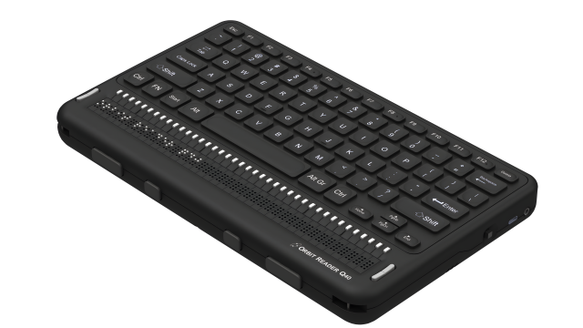 The image you provided shows the Orbit Reader Q40. This device is a refreshable Braille display and notetaker designed for visually impaired users. It features a full QWERTY keyboard, Braille cells for tactile reading, and various connectivity options.  It also has 4 thumb keys on side view.