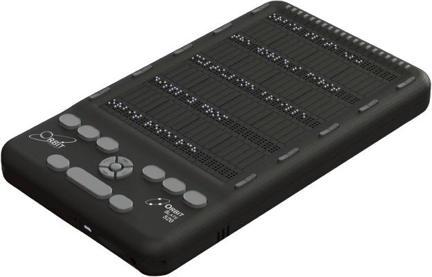 The image shows 5 lines of real-time refreshable, signage-quality braille. It has a perkin-style keyboard. 