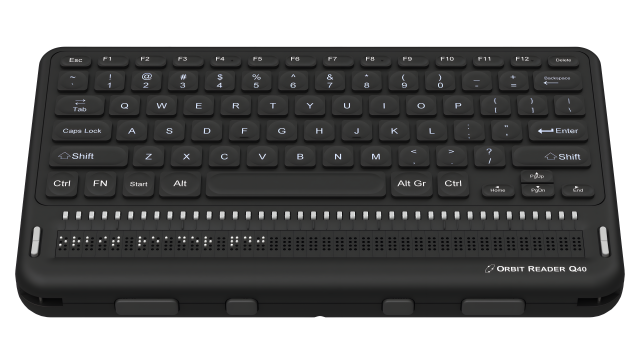 The image you provided shows the Orbit Reader Q40. This device is a refreshable Braille display and notetaker designed for visually impaired users. It features a full QWERTY keyboard, Braille cells for tactile reading, and various connectivity options. The Q20 can be used for reading, writing, and connecting to other devices like computers and smartphones. It offers a portable and efficient way for Braille users to interact with digital content. It also has 4 thumb keys on the side view.