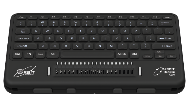 The image you provided shows the Orbit Reader Q20. This device is a refreshable Braille display and notetaker designed for visually impaired users. It features a full QWERTY keyboard, Braille cells for tactile reading, and various connectivity options. The Q20 can be used for reading, writing, and connecting to other devices like computers and smartphones. It offers a portable and efficient way for Braille users to interact with digital content. It also has 4 thumb keys on the side view.