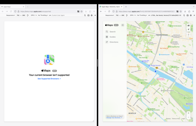 Split screen with two Firefox windows and Apple Maps opened. On the left: “Your current browser isn't supported” blank page. On the right: the entire app interface with a map and a sidebar. On top of the right window, the UA field shows a long string with Safari.