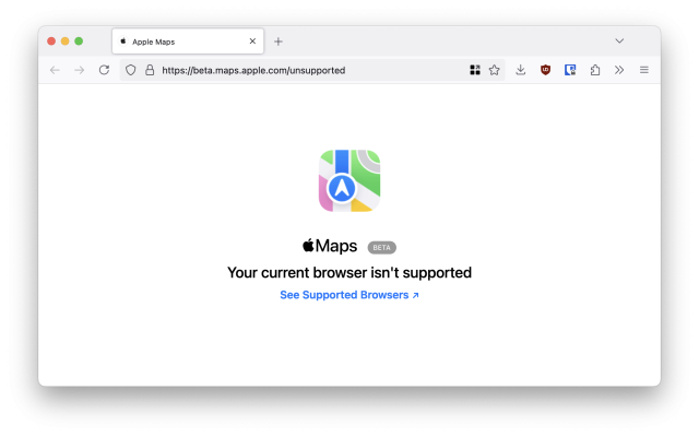Firefox on macOS showing the error message “your current browser isn't supported”.
