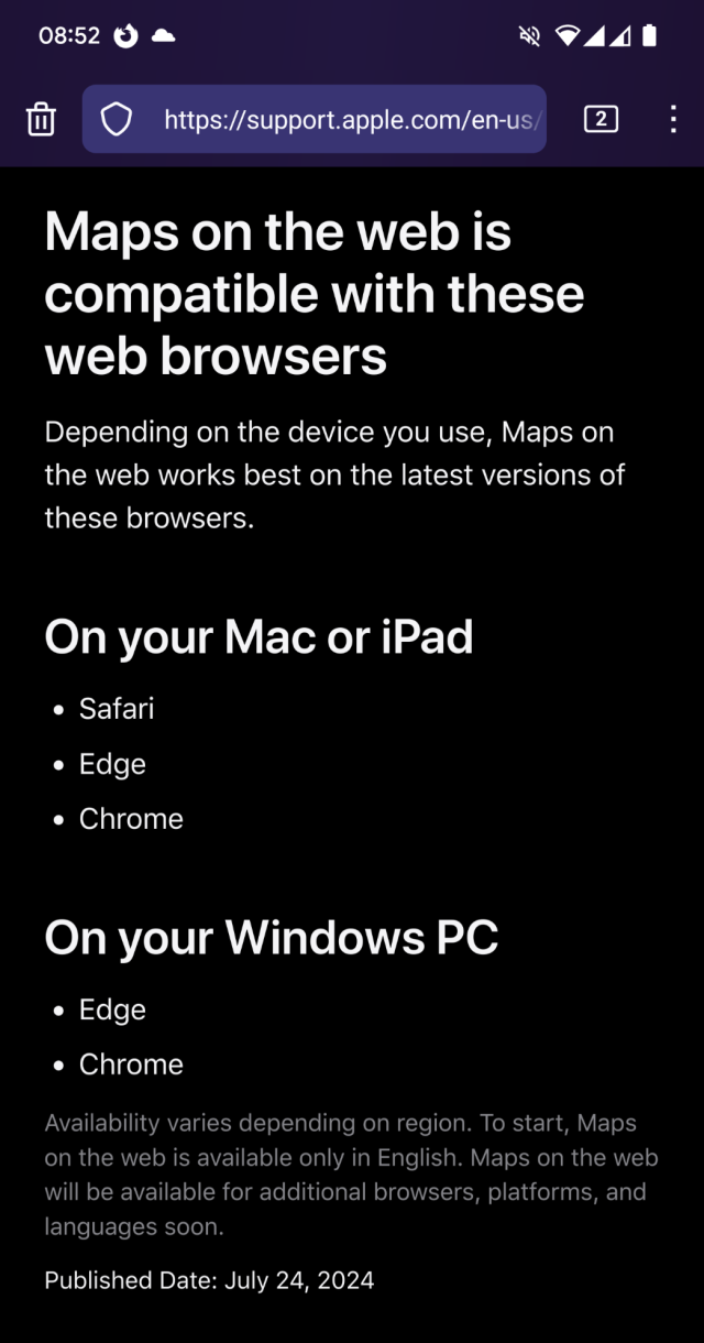 Screenshot when opening the new Apple Maps on my Firefox Browser on Android, stating that their offering is only supported on Safari and/or Chrome based browsers on MacOS or Windows.