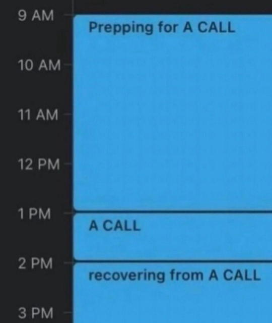 [screenshot of someone's schedule for a day]

9am - 1pm: Prepping for A CALL
1pm - 2pm: A CALL
2pm - [cut off at 3pm]: recovering from A CALL