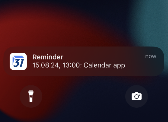 An iOS push notification from the Tuta Calendar app reminding the user of an upcoming event.
