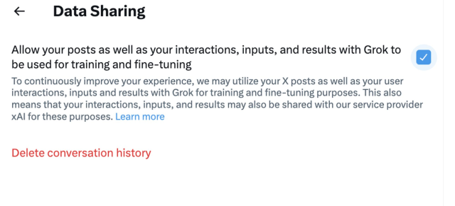 This is a screenshot of the "Data sharing" section in the X privacy settings. You can see the text that says Allow your posts as well as your interactions, inputs, and results with Grok to be used for training and fine tuning."
