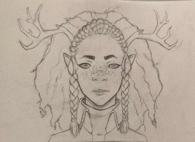 Drawing of an elf woman with twists and an Afro in the back. She's got deer antlers and deer eyes.