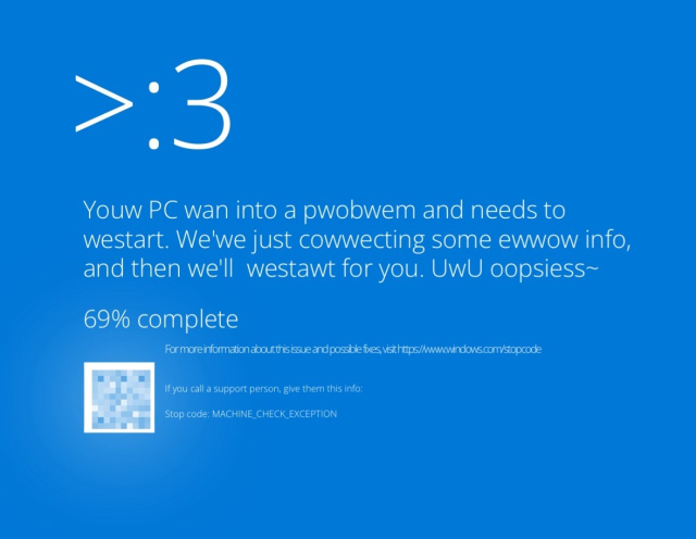 Blue screen of death with a >:3 face, error reads “youw pc wan into a pwobwem and needs to westart. We’we just cowwecting some ewwow info, and then we’ll westawt for you. UwU oopsiess~”