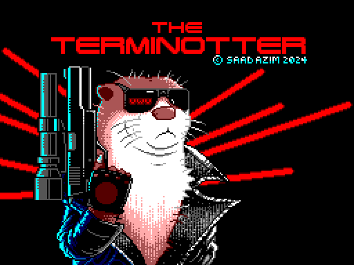 A pixel art parody of the 1984 poster for the movie "The Terminator".

The title reads "The Terminotter".

Below the title, there's a reddish brown river otter dressed in a leather jacket, driving gloves, and a pair of sunglasses. The otter is holding up a handgun with a laser sight attached to it.

Red text, reflected in the sunglasses reads "UWU".