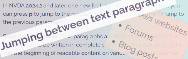 Screenshots from the blog post on Jumping between text paragraphs, with example website types, and part of the instructions with the heading overlaid all at different angles.