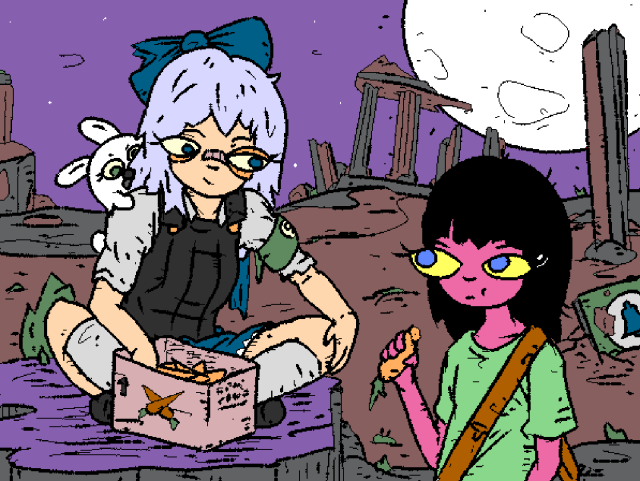 Cirno and Glenda take Girl to the ruins of a Bell Temple. Cirno keeps handing Girl carrots to eat.

The moon is freaking out.