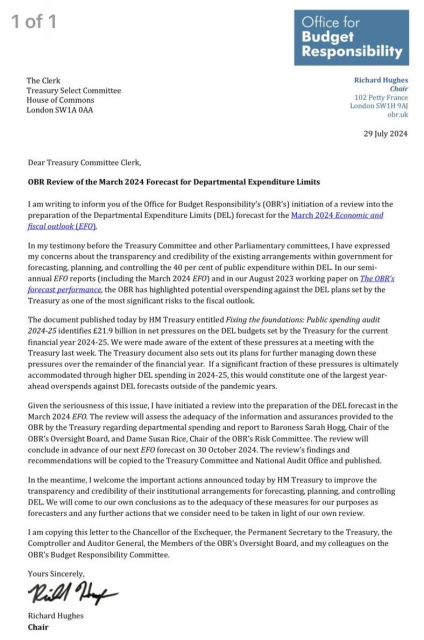 A letter from the OBR detailing how they're reviewing the public expenditure estimates they provided in March after having learned from the Treasury last week that they'd been misled by the Tories.

