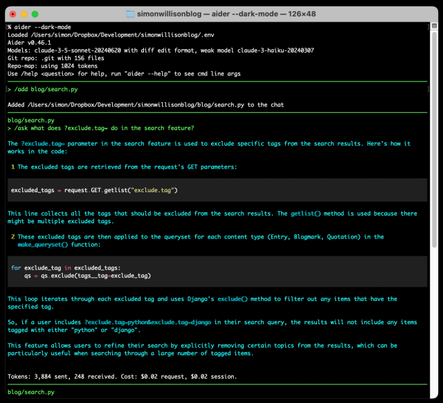 > /ask what does ?exclude.tag= do in the search feature?                                                                      

The ?exclude.tag= parameter in the search feature is used to exclude specific tags from the search results. Here's how it     
works in the code:                                                                                                            

 1 The excluded tags are retrieved from the request's GET parameters:                                                         

                                                                                                                              
 excluded_tags = request.GET.getlist("exclude.tag")                                                                           
                                                                                                                              

This line collects all the tags that should be excluded from the search results. The getlist() method is used because there   
might be multiple excluded tags.                                                                                              

 2 These excluded tags are then applied to the queryset for each content type (Entry, Blogmark, Quotation) in the             
   make_queryset() function:               