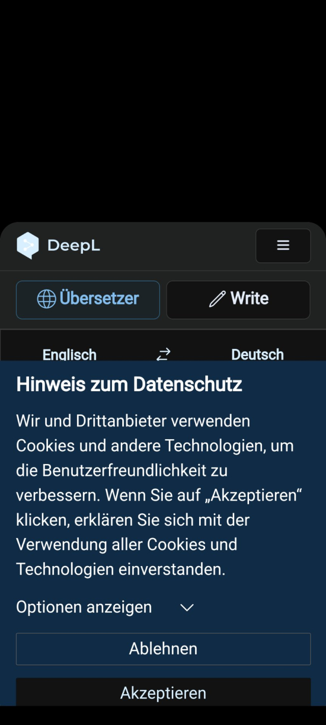 Screenshot des DeepL overlays. Oben sieht man das Menü, ein Teil des Eingabefeldes und darunter das Datenschutz Abrageformular.