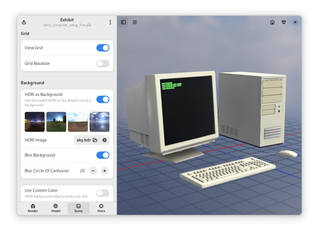 3D model of a retro computer setup with an HDRI skybox of a sky