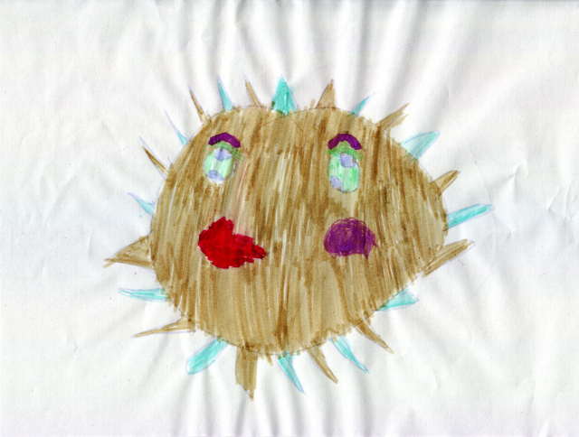 Drawing made by a child of a puffer fish rendering the OpenBSD mascot.