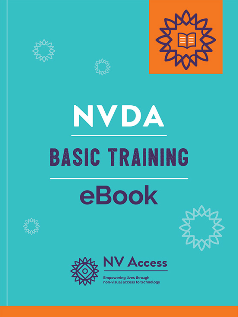 Mockup of Basic Training book cover in turquoise with title in purple and white.  NV Access logo below in purple and faint sunbursts in background with one purple on on an orange square with a book inside near the top-right.