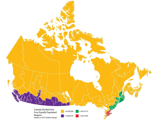 Map of Canada 
Yellow area - most of Canada that is further than 200 km from the USA border
Red area - south eastern Ontario
Green area - south eastern Quebec and Ontario north of the red zone
Purple - south area of Manitoba,  Saskatchewan,  Alberta, and British Columbia. 