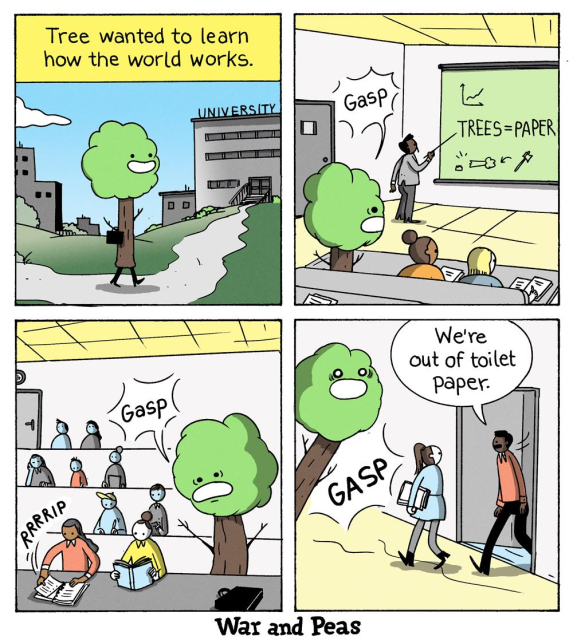 A four-panel comic strip by War and Peas. Panel 1: A tree, depicted with a face and carrying a bag, walks on a path towards a university building. The text above reads, "Tree wanted to learn how the world works." Panel 2: The tree is in a classroom, looking shocked as a teacher points to a blackboard that reads "TREES = PAPER," accompanied by simple drawings of a tree, an axe, and a paper sheet. The word "Gasp" is shown near the tree. Panel 3: The tree sits among other students in a lecture hall, still looking shocked. One student tears a piece of paper from a notebook with a "RRRIP" sound, while the tree exclaims "Gasp." Panel 4: The tree is outside the classroom, looking even more shocked. Two students walk by, one saying, "We're out of toilet paper." The tree has the word "GASP" near it.