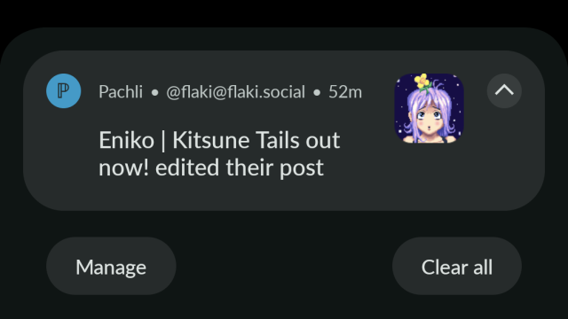 Notification from Mastodon reads: "Eniko | Kitsune Tails out now! edited their post"