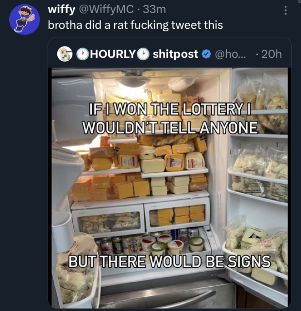 if i won the lottery i wouldnt tell anyone but there would be signs 

fridge full of cheese

guy quote retweets with caption "brother did a fucking rat tweet this"